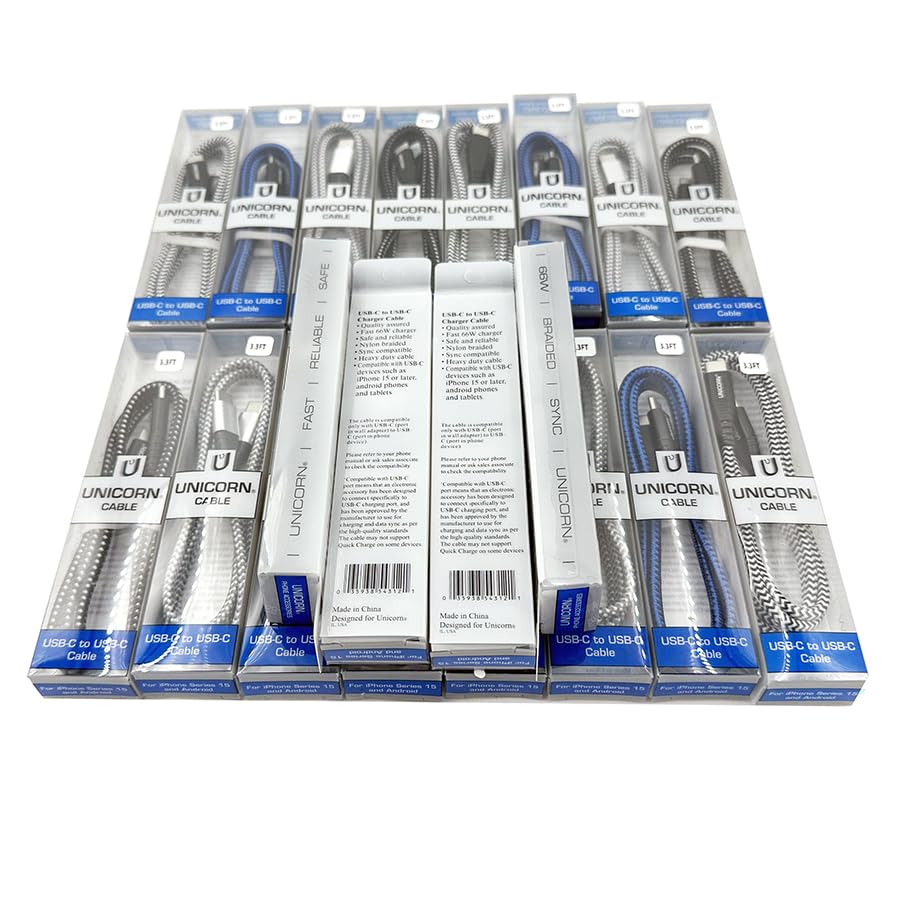 50 Packs Supreme USB-C to USB-C Charging Cable for iPhone Series 15 and Android Phones USB Type C Braided Data Cables 3.3 ft / 1m Bulk Wholesale Lot, Black, Grey, Silver, Blue