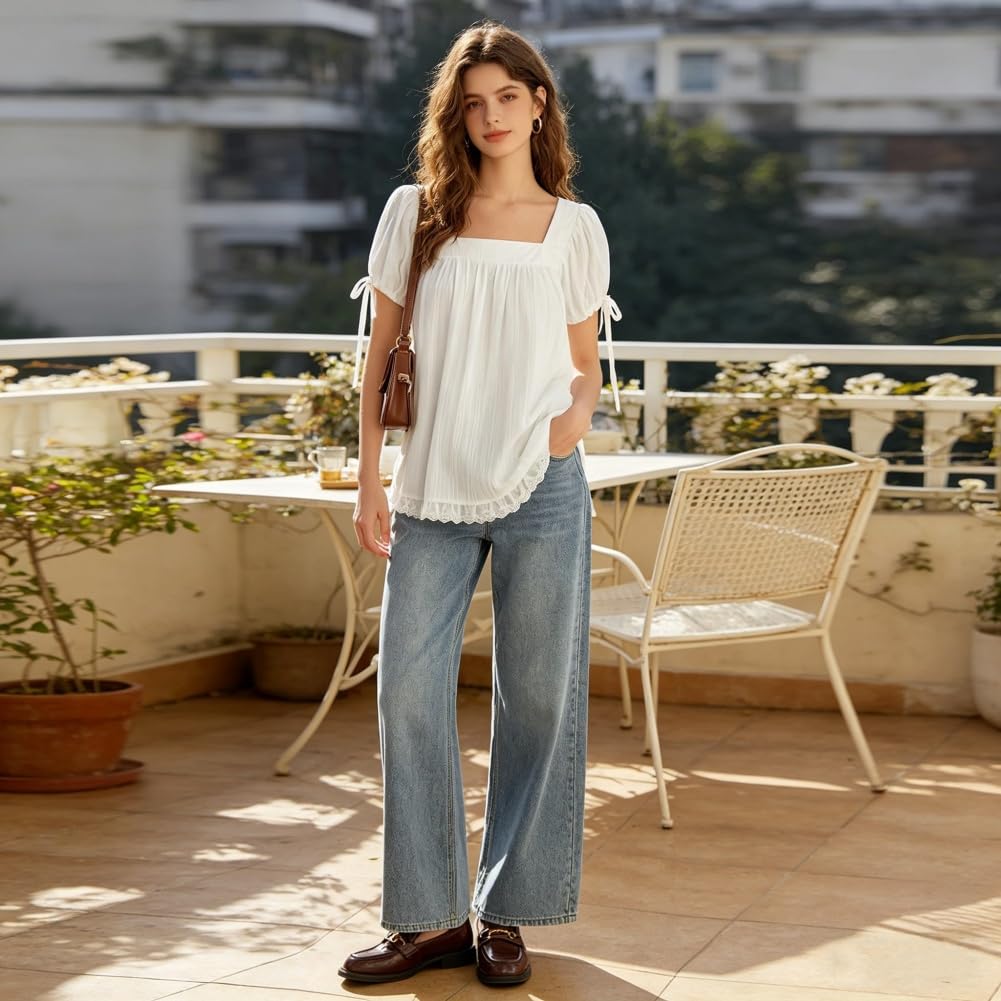 Generisch Camicetta da donna con scollo quadrato e maniche a sbuffo, casual e larga, con finiture in pizzo e dettagli sui polsini