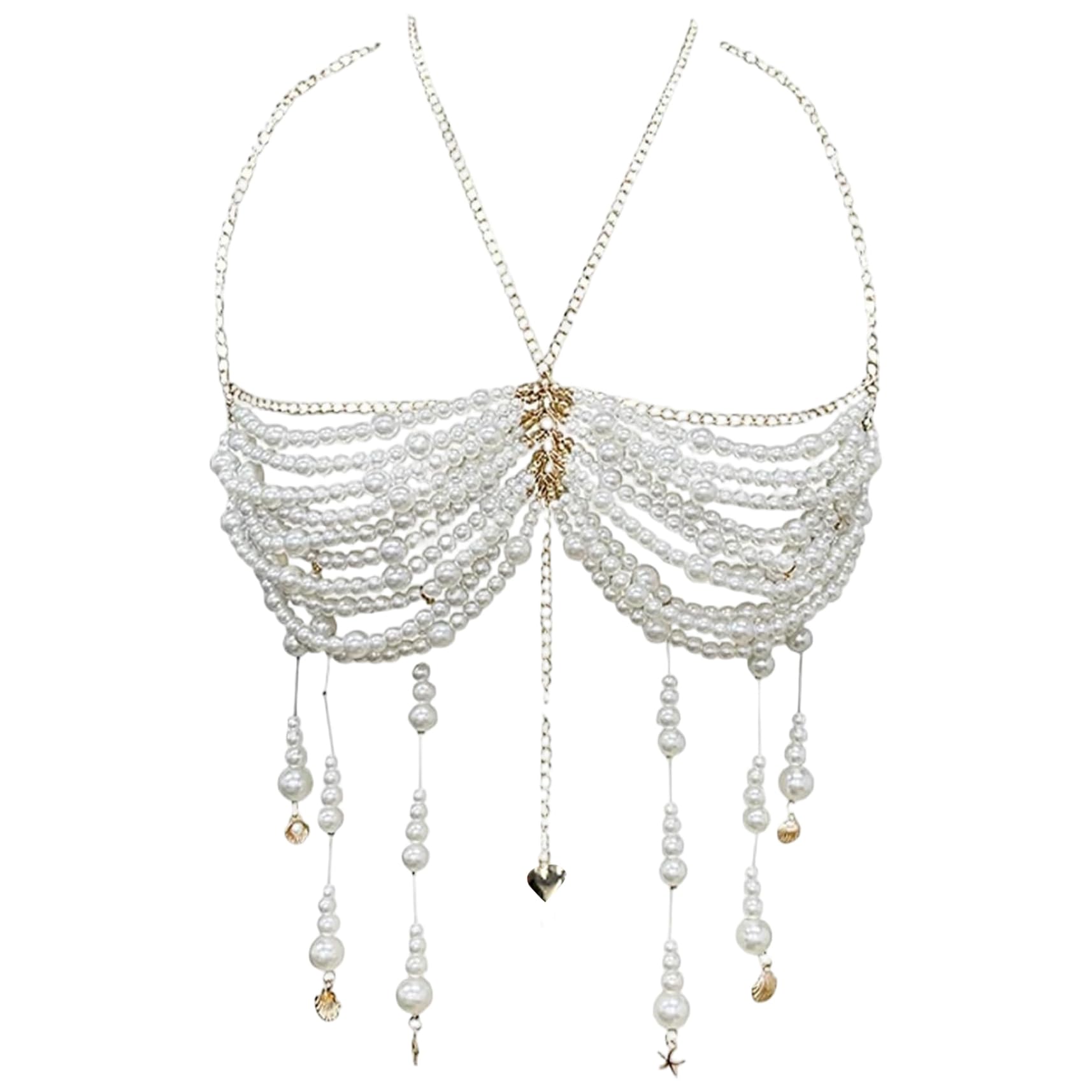 AZIDWERYQ Pearl Bra for Women, Elegant Beaded Bra with Tassels Halterneck Crop Tanks Top for Parties and Festival Beaded