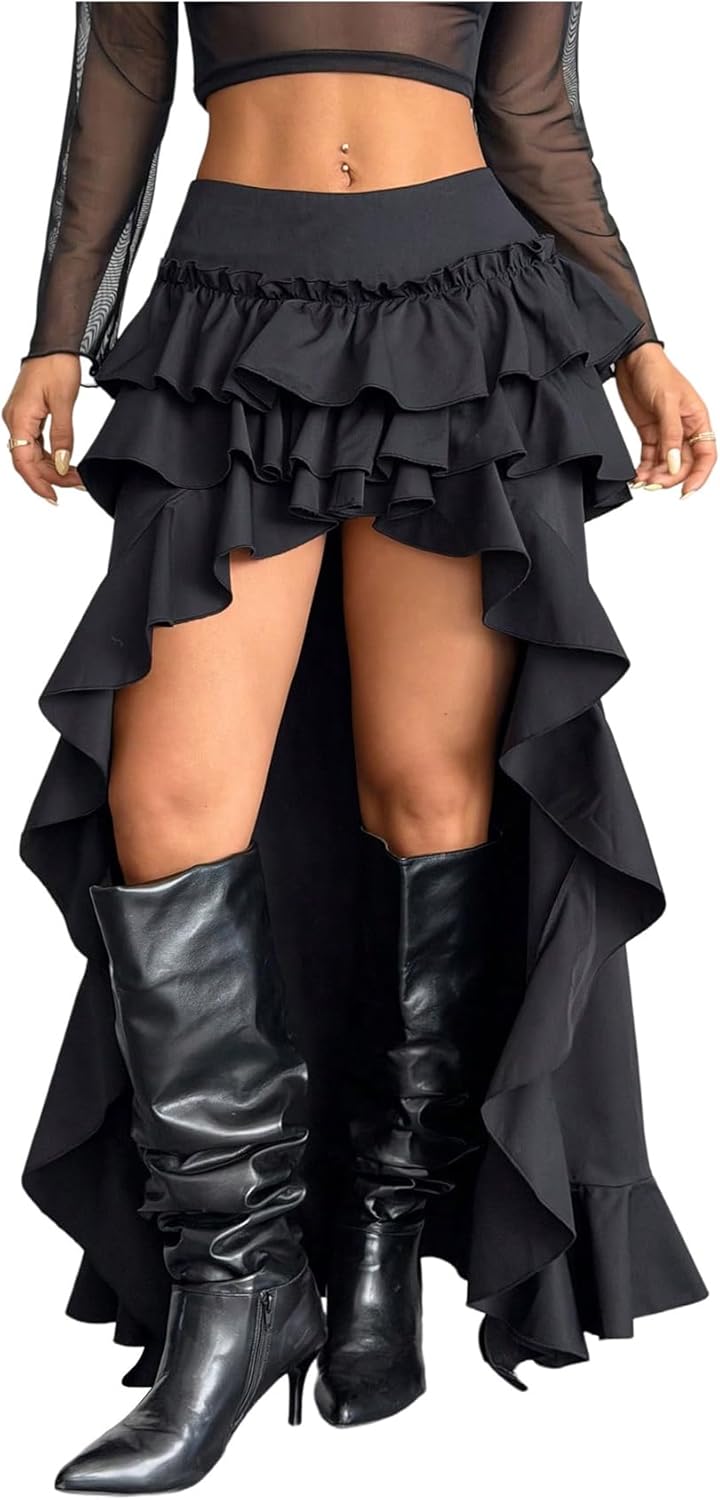 BEAUDRM Women's Ruffle Layered Flowy Maxi Skirts Y2K Asymmetrical Western Boho Hippie Fairy Skirt Vacation Outfit