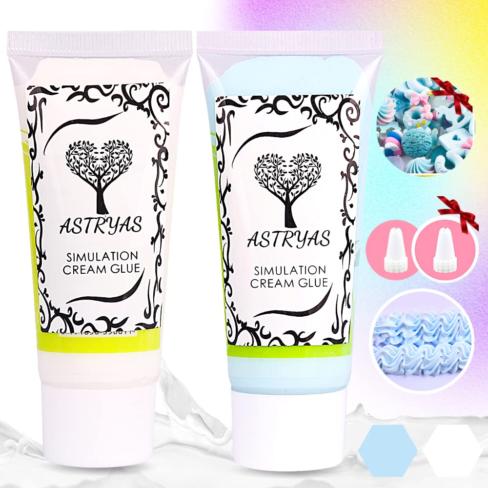 ASTRYASSimulation Fake Whipped Cream Glue, 2PCS Decoden Cream Clay Glue Silicone Cream Adhesive Ket with 2 Plastic Decorating Mouth, Charm Craft Resin Decoration for Phone Case Making Craft DIY