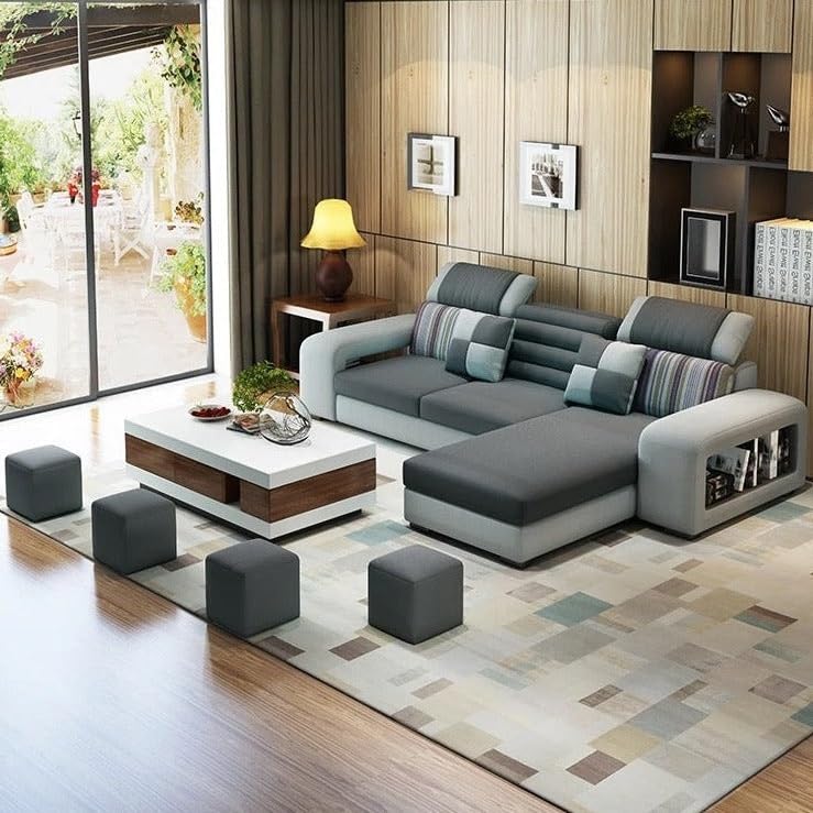 Image of Travis Modern 8 Seater L Shape Sofa Set for Living Room Dark Grey & Light Grey RHS | 4 Ottoman with L Shape Sofa | Fabric Sofa 8 Seater for Office Festival Gifts