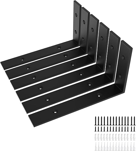 Miniatura 20 de Paquete de 6 soportes de estante negros resistentes de 12 pulgadas, soporte de estante L de 12 pulgadas para estantes flotantes, 1/5 pulgadas