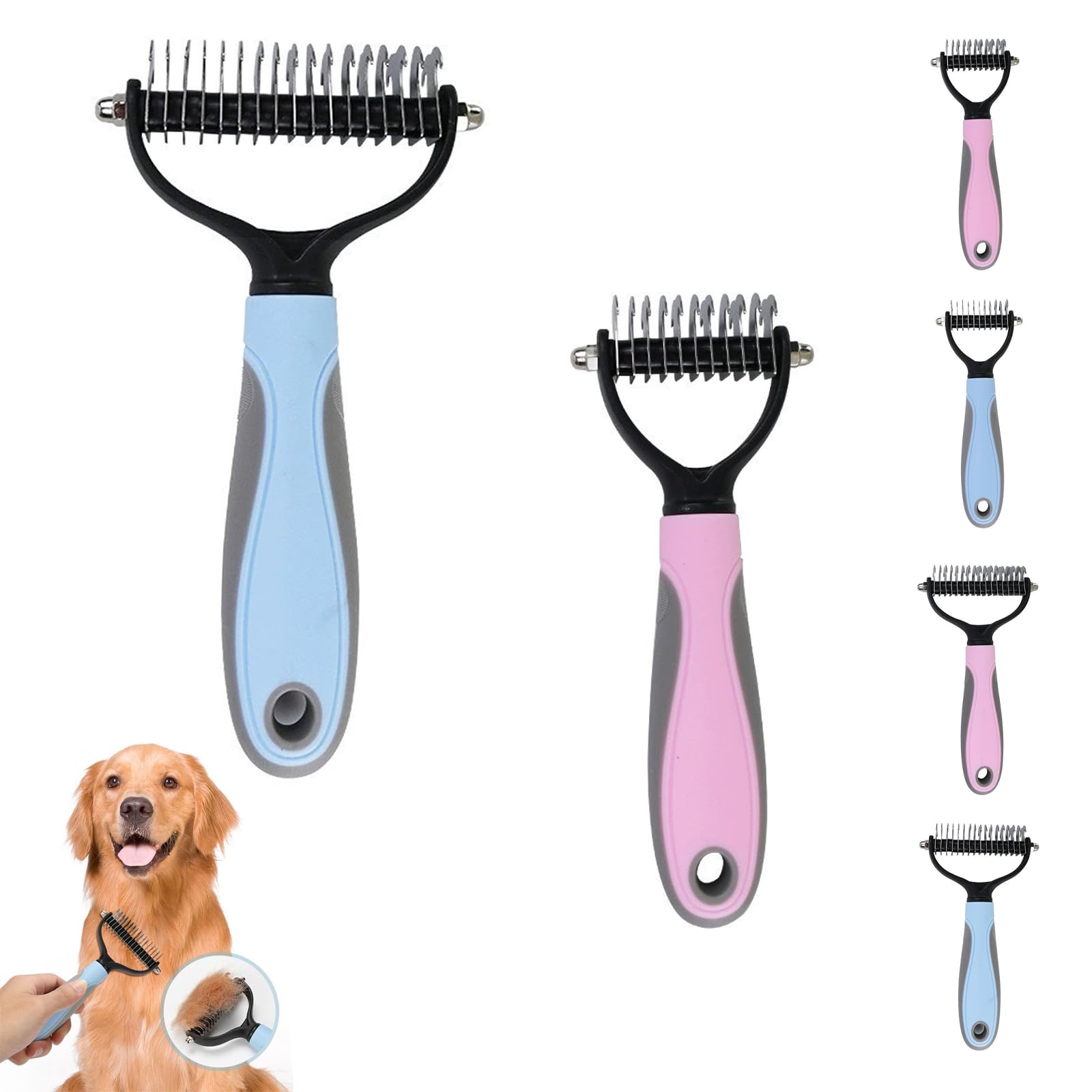 Double Sided Pet Grooming Brush for Dogs and Cats, Deshedding Dematting Comb for Removing Loose Fur, Tangles, Knots and Undercoat, Pet Hair Removal Tool (Blue-L+Pink-S)