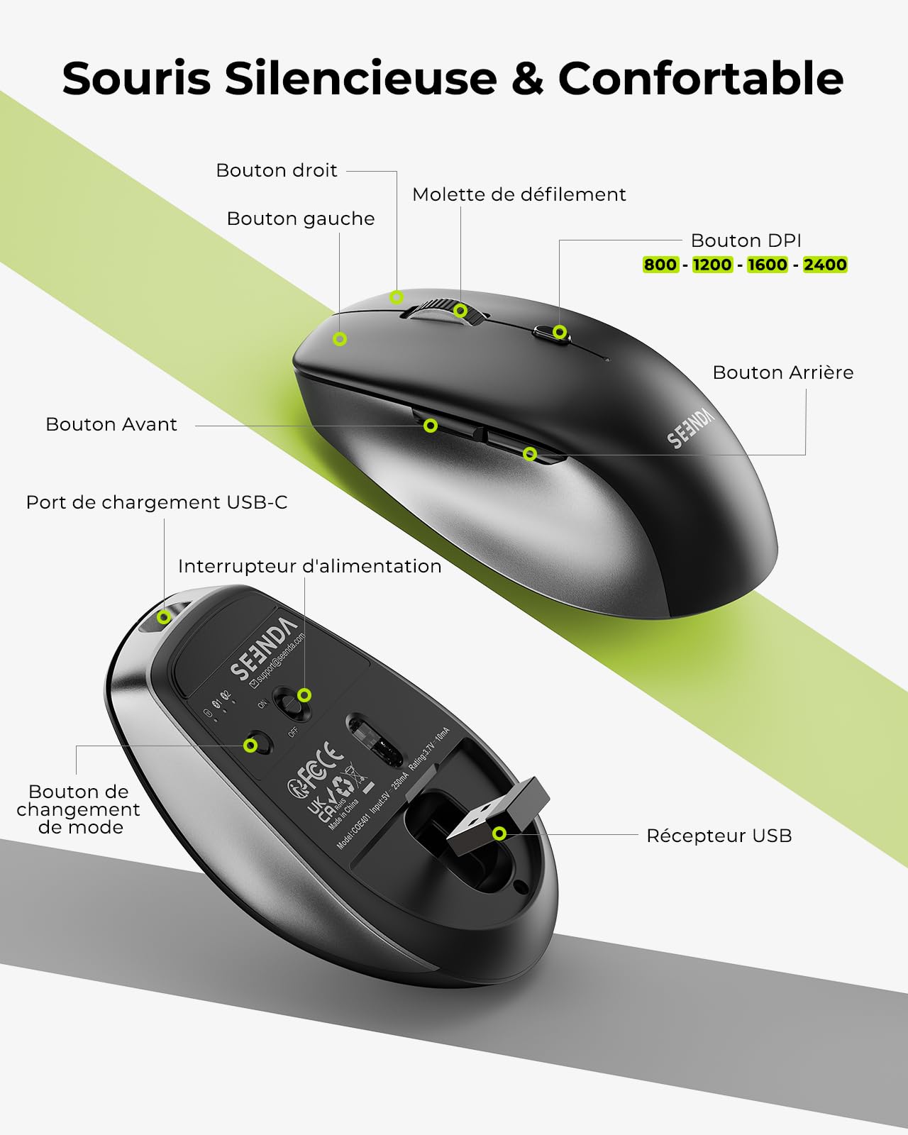 seenda COE401 Clavier Souris sans Fil Bluetooth AZERTY, Noir Gris | Connexion Multi-Appareils, Rechargeable, Ultra-Fin, Silencieux, Souris 4 Niveaux DPI, Compatible Windows/Mac/iPad/Android