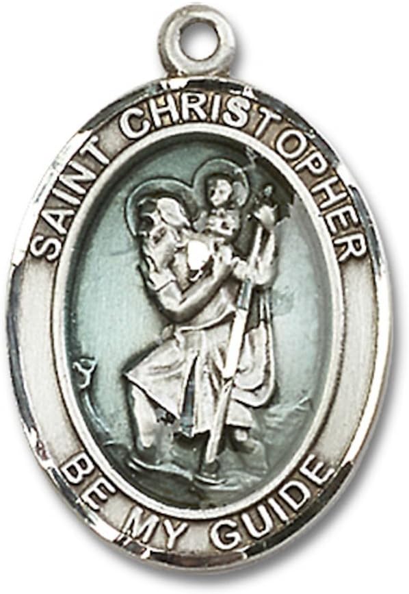 セントクリストファー・ブルーエポキシ樹脂手作りオーバルメダルペンダントスターリングシルバー シルバー