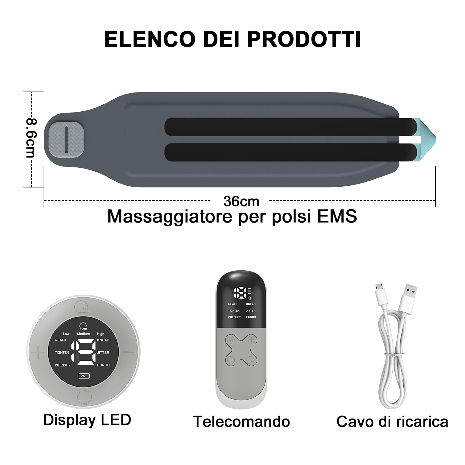 Massaggiatore da Polso EMS, Massaggiatore per Mani Senza Fili con Calore, 6 Modalità/19 Intensità, Supporto per Polsi per Tendinite e Sindrome del Tunnel Carpale, Fasce per Polsi Sinistra/Destra