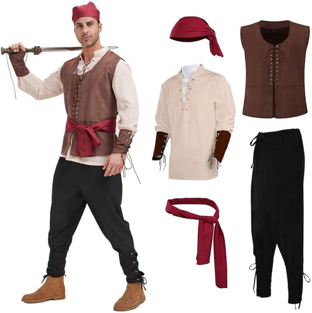 5 Pcs Men's Pirate Costume Set Renaissance Medieval Shirt Vest Banded Pants Viking Belt Headscarf Accessories