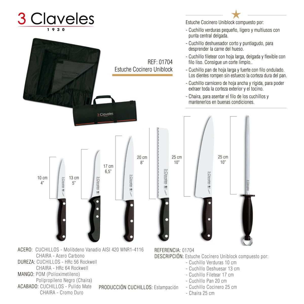 3 Claveles Juego, 5 Cuchillos + Chaira + Estuche de Transporte, Línea Uniblock, Acero Inoxidable, Negro, 0 cm