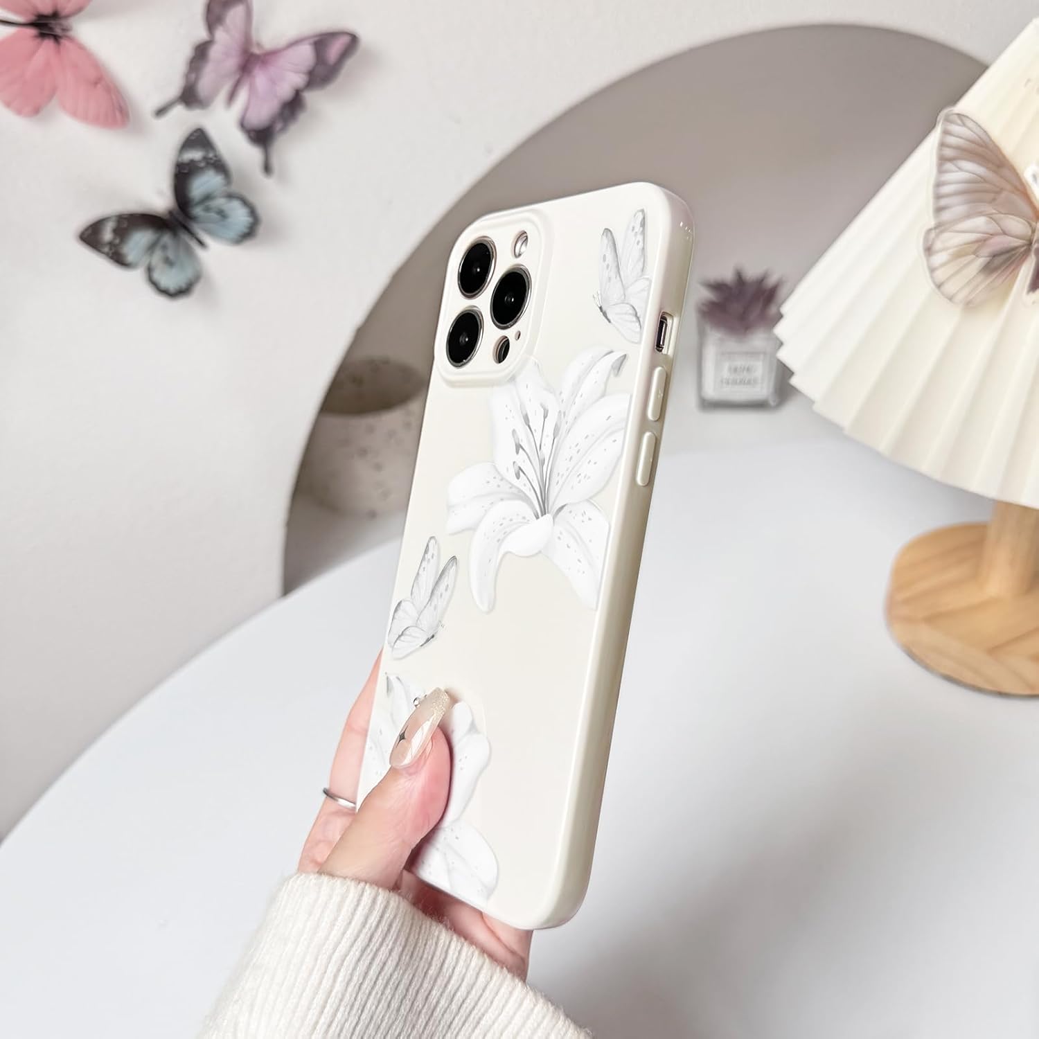 NITITOP Compatible with iPhone 13 Pro Max Case Cute Lily Flowers Floral Butterfly for Women Girls Slim Fit Soft TPU Bumper Silicone Shockproof Full Camera Protective Cover - White - Image 6