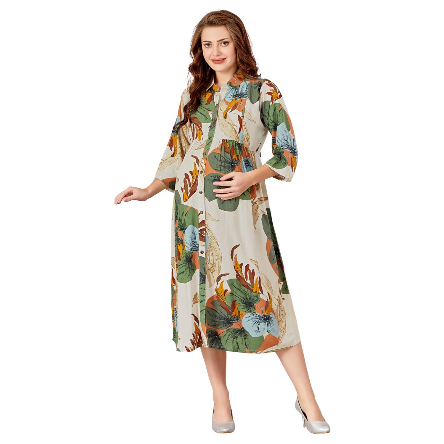 lovely mom's Multi-Leaf Printed Rayon Maternity Wear | Button & 2-Sided Zipper with 3/4 Sleeve for Nursing Easy Breastfeeding Dress for Pre & Post Pregnancy Women's-picture-15