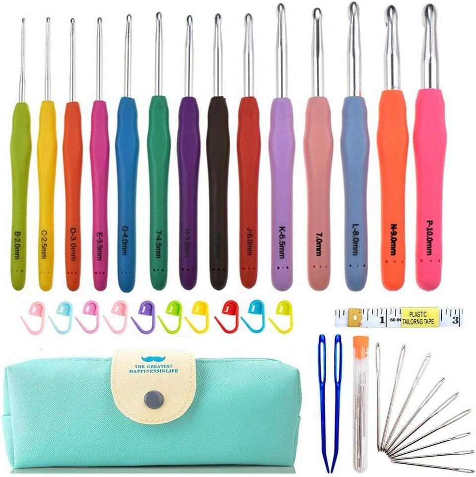 Volwco Ergonomic Soft Grip Handles Crochet Hooks Smooth Knitting Needles Kit Weave Yarn Set with Bag (2mm, B -10mm, N)- 14 Pieces