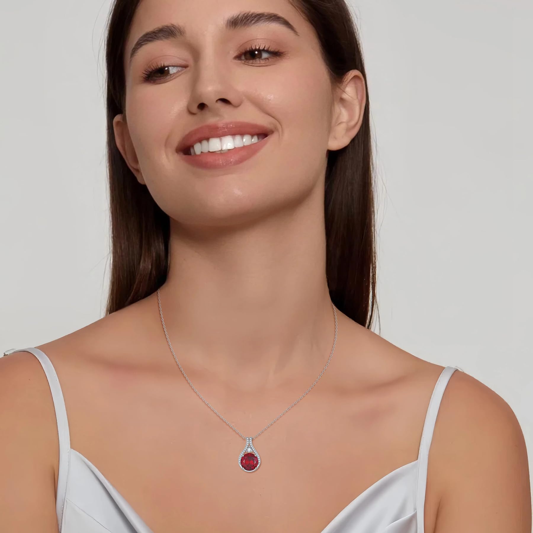 FJ Geburtsstein Kette Damen Silberfarben Messing Rundschliff Halskette Anhänger Schmuck Geschenk für Frauen
