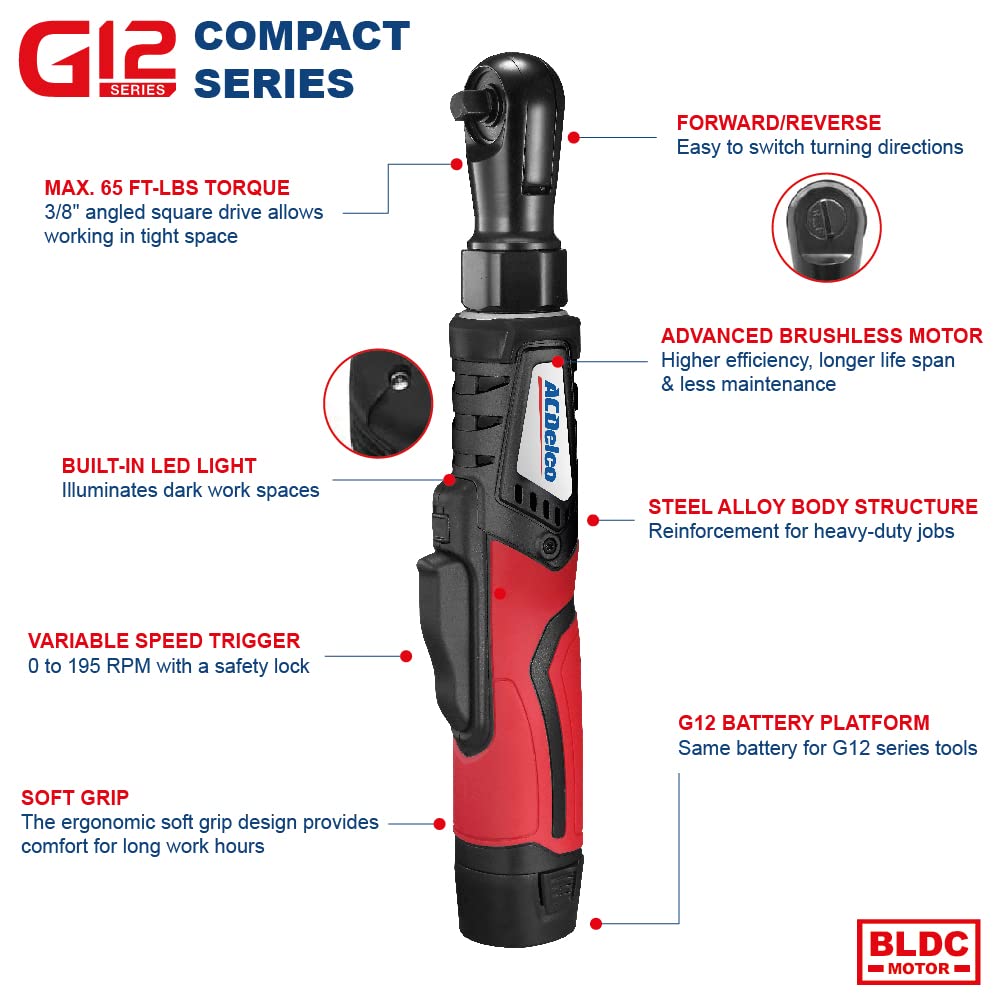 ACDelco ARW1210-3P G12 Serie Li-Ion 12V (10.8V) Brushless 3/8 Zoll Elektro-Ratsche Elektrischer Ratschenschlüssel Set Power Tool Kit, Werkzeugset Inklusive Akku & Ladegerät