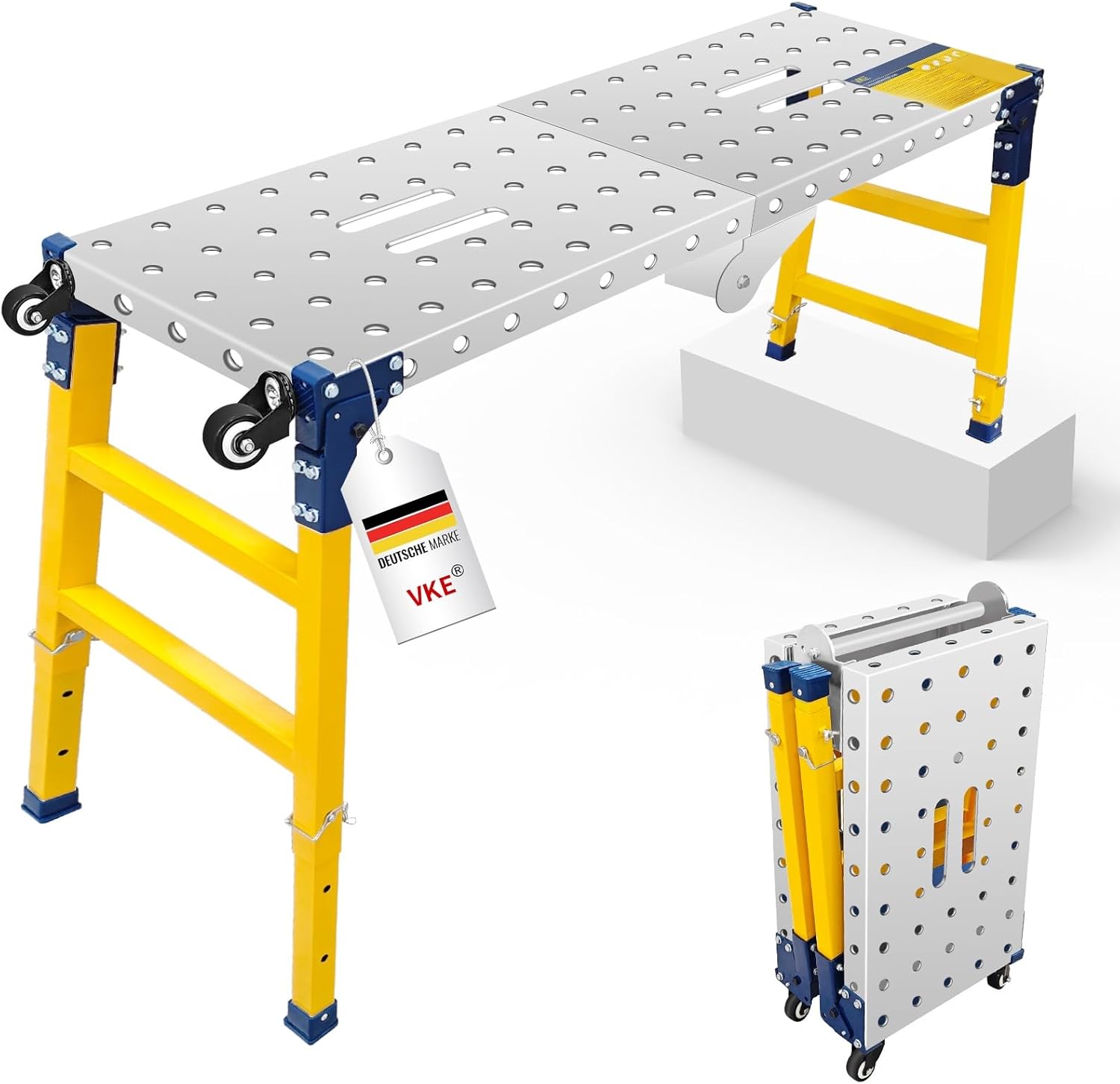 VKE Galvanized Steel Large Work Platform Support 1000 lbs 47"x14", Height 23 to 35 inches Adjustable Folding Portable Platform, Corrosion Resistance Platform Ladders with Rollers Easy to Move Store Large 47x14In