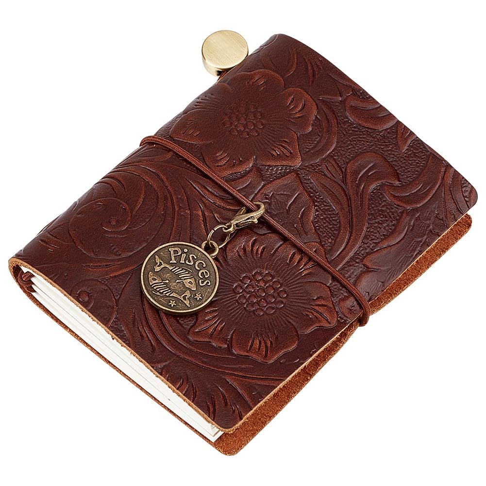 CRASPIRE Small Leather Journal 3.3x3.1 Notebook Carving Floral Travel Vintage Daily Blank Paper Refillable 128 Pages Bound Portable Notepad for Man