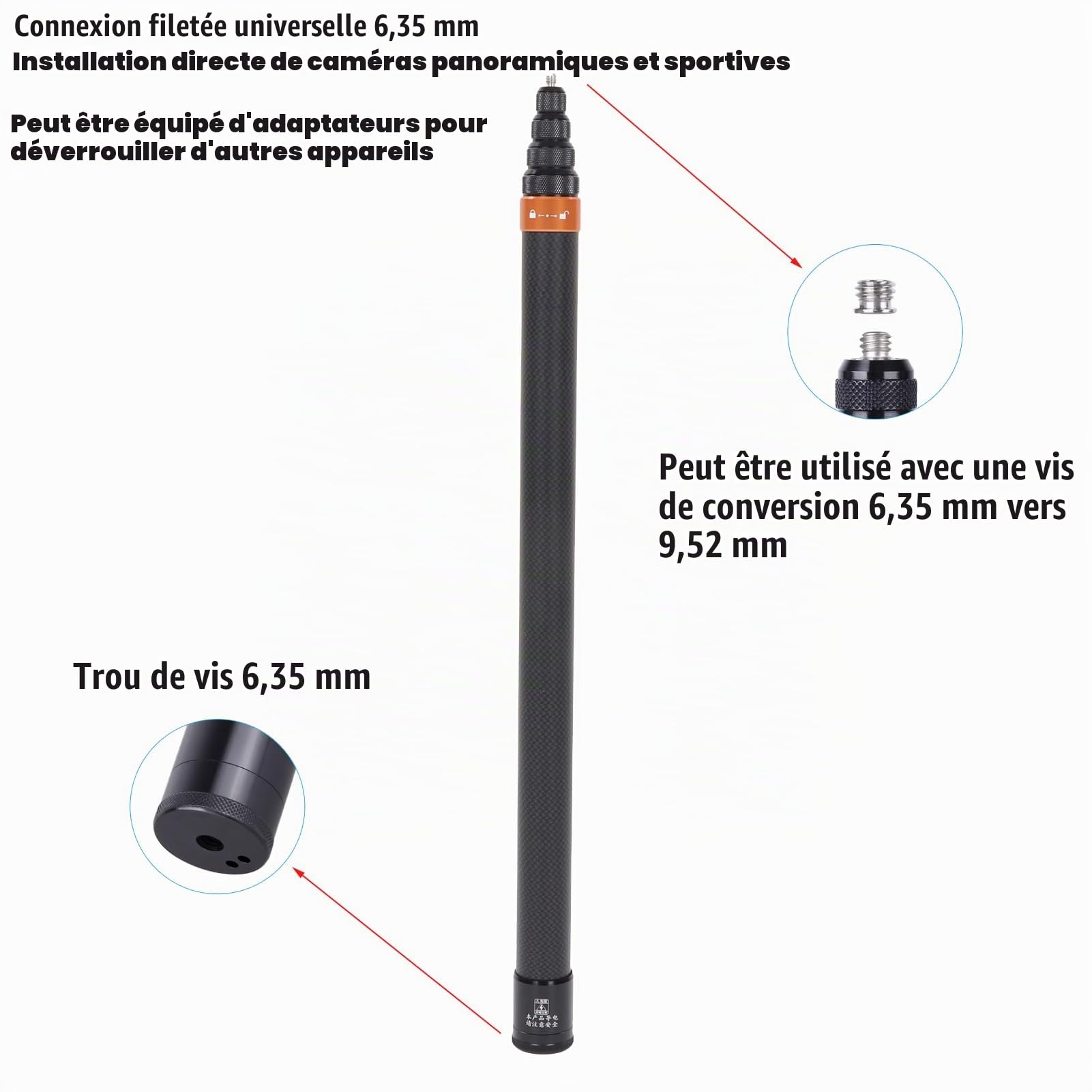 Perche à Selfie, pour caméra de Sport, Visser en Fibre de Carbone Panoramique télescopique pour X3 pour One RS pour GO 2 pour One X2