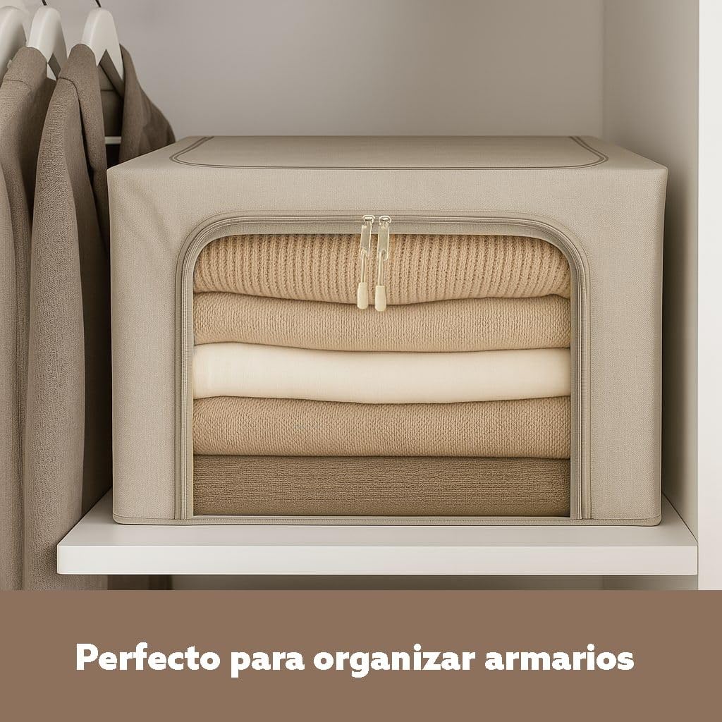 Caja almacenaje ropa,Organizador armario con diseño moderno, cajas organizadoras apilable, material resistente,Cestas almacenaje, marco metálico interno y doble cremallera(Pack de 2)