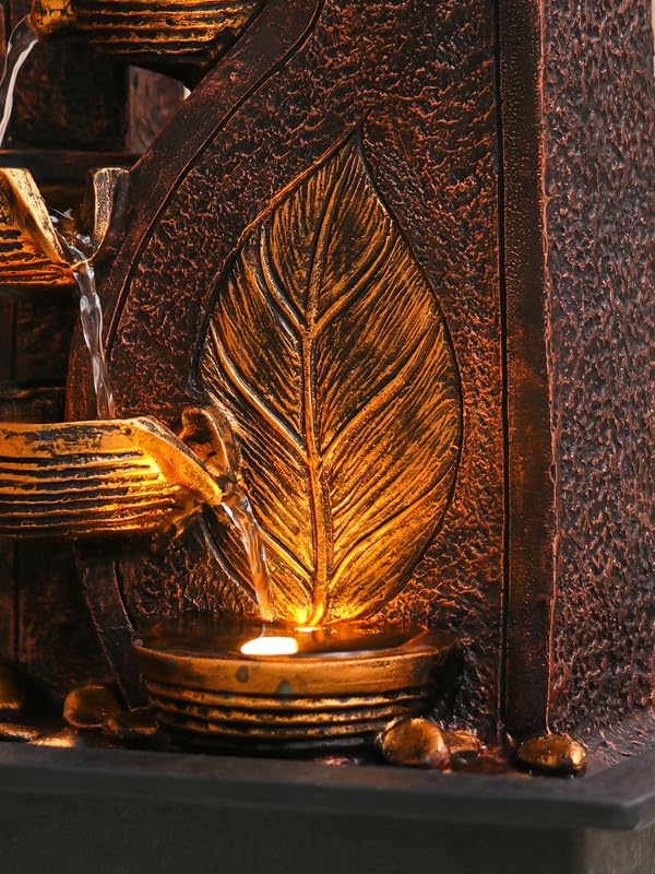 Image of Polyresin Table Top Brown 4 Diya Steps & Golden Leaf Design Indoor Waterfall Fountain for Home Decor with LED Lights & Speed Controller Pump (Size: 40 x 29.5 x 22CM | Weight: 2250grm)