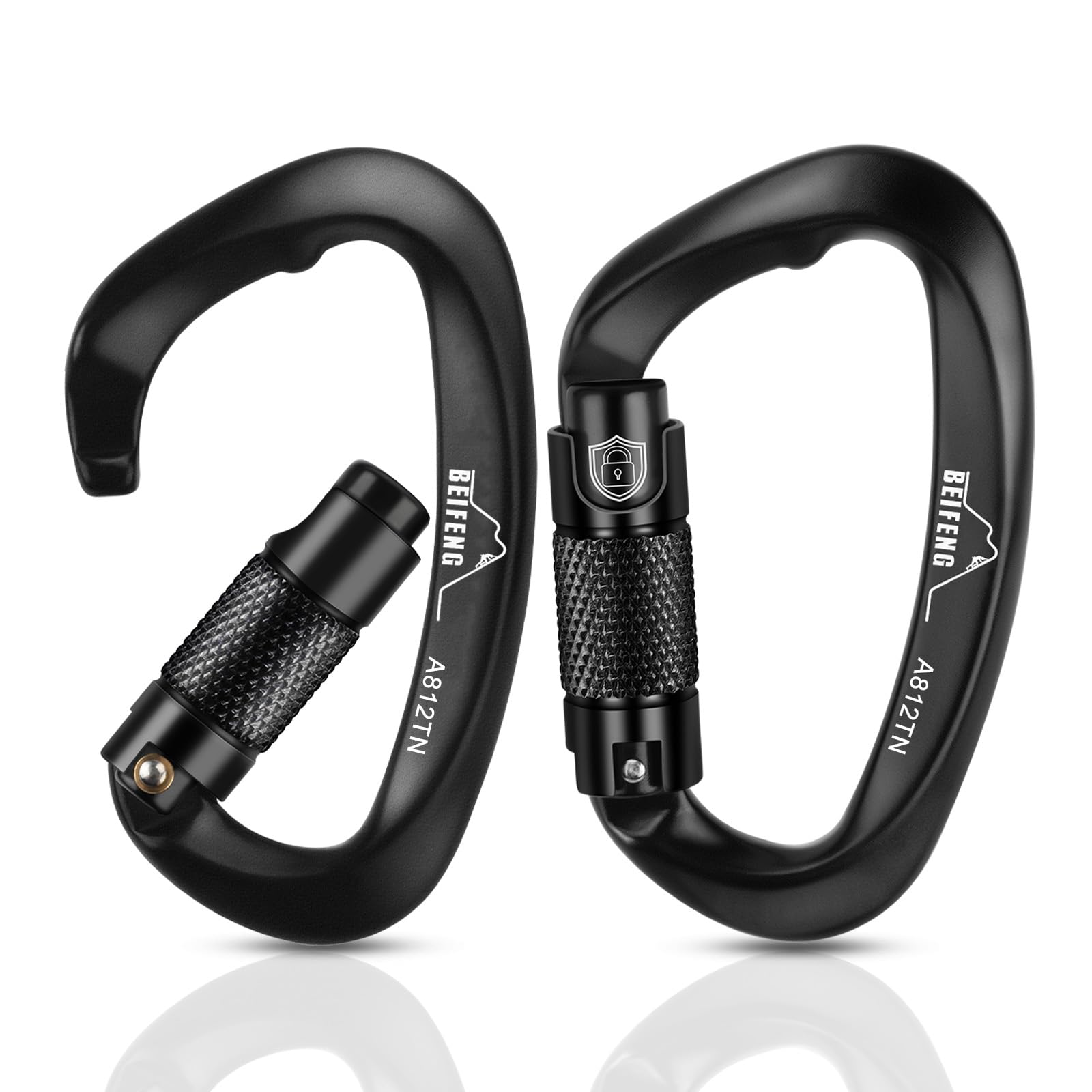 BEIFENGAuto Locking Climbing Carabiner, 25KN Black Twist Lock Heavy Duty Carabiner, UIAA Certified D-Type Large Carabiner Suitable for Climbing, Rappelling, Rescue, Hammock, Swing etc