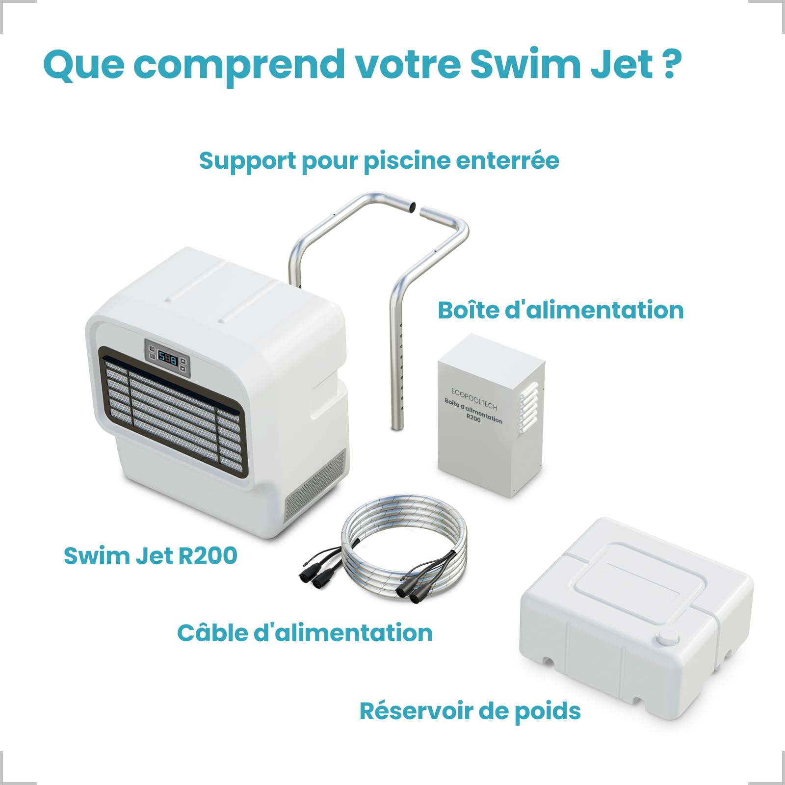 ECOPOOLTECH Nage à Contre-Courant pour Piscine enterrée, Appareil d’entraînement 30 V Basse Tension, Jet de nage réglable 9 Vitesses pour Fitness et Loisirs, R200