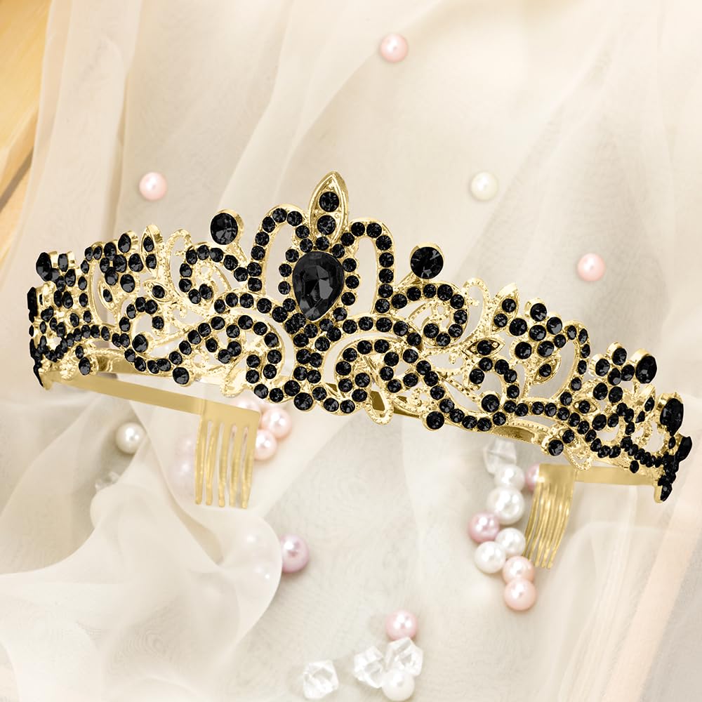 Elegant Gold and Black Tiara Black Gold Crystal Tiara | Floral Black Crown | Bridal or  main image 4