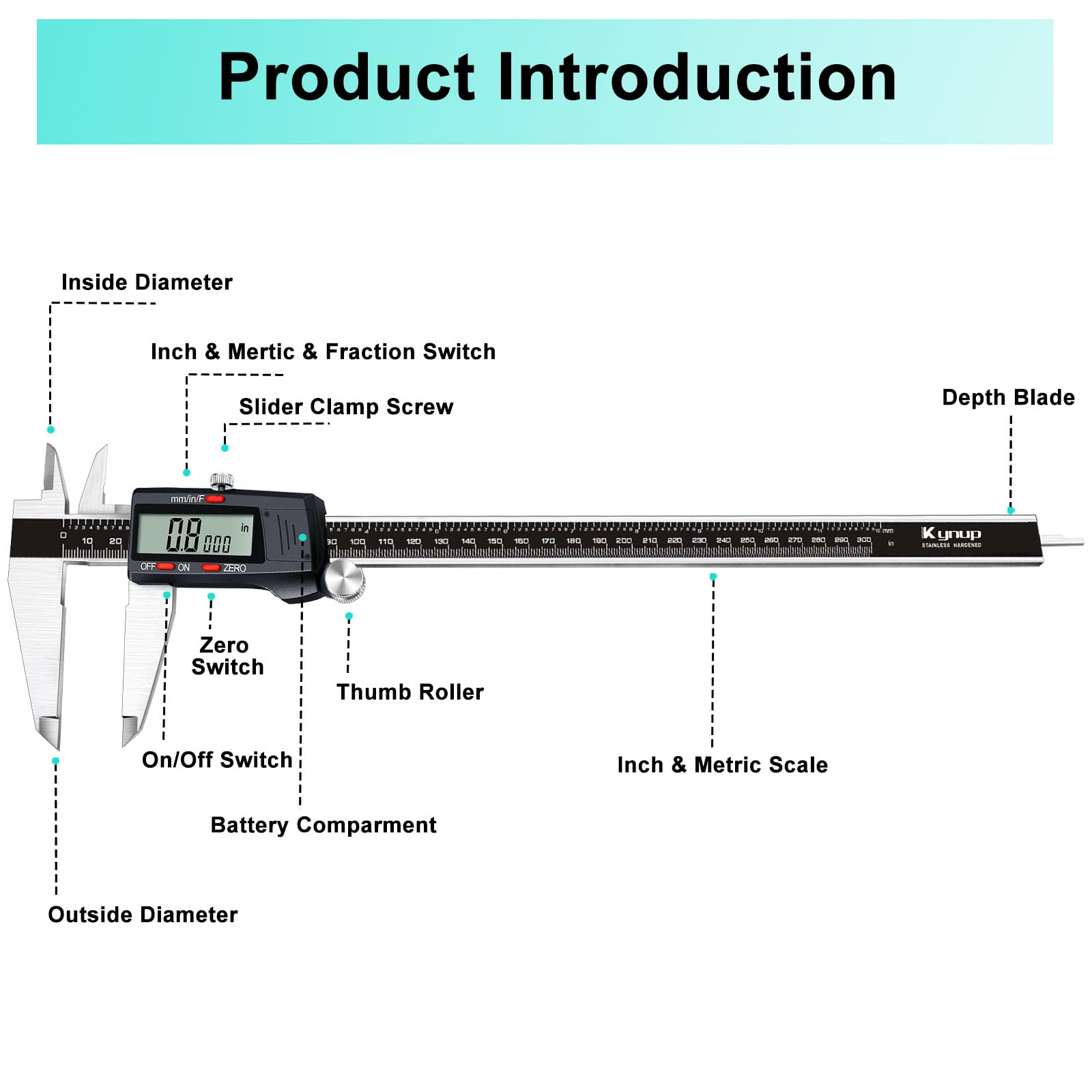Kynup Calibre digital, 300 mm/12 pulgadas, herramienta de medición de acero inoxidable, calibrador electrónico, conversión de pulgadas/métricas/fracciones, diseño de apagado automático