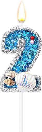 Miniatura 8 de Velas de números de cumpleaños de 3 x 2 pulgadas, velas de números azules con purpurina, velas de cumpleaños con conchas, conchas y lentejuelas para
