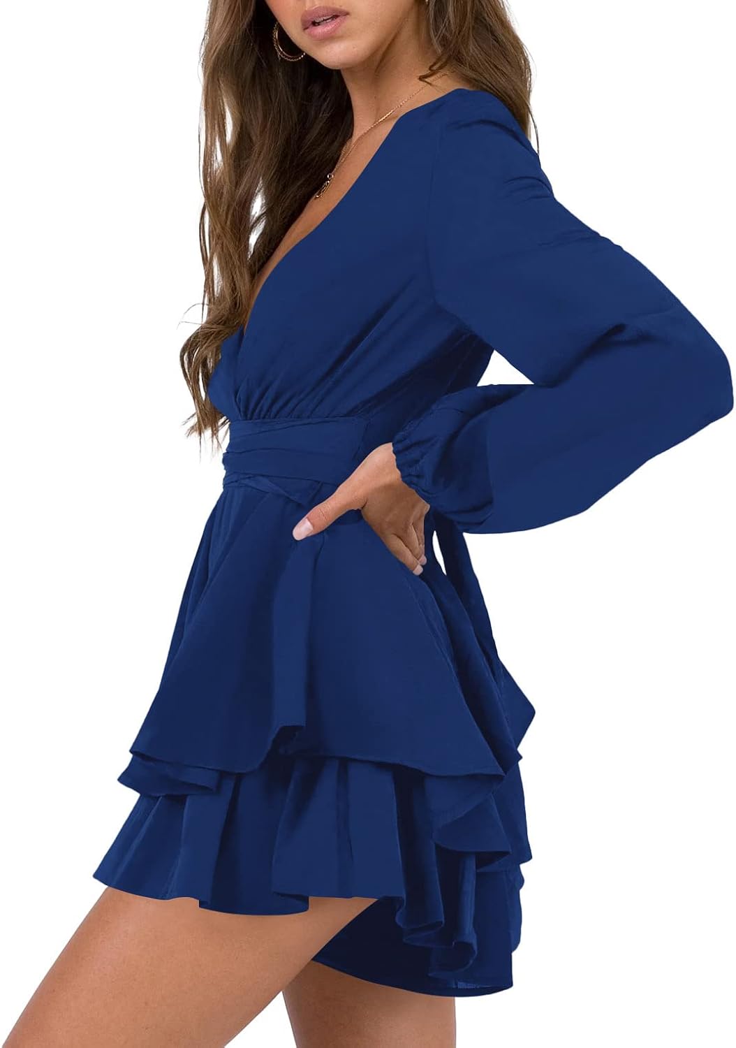 Nova In Sky Womens Sexy V Neck Long Sleeve Tie Waist Ruffle Hem Flowy Swing Mini Short Wrap Dress - Image 2