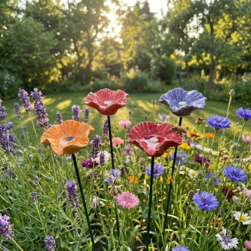 Gartenort Handgemachte Bienenblüten – Wetterfeste Keramik-Tränken(4 Blüten)