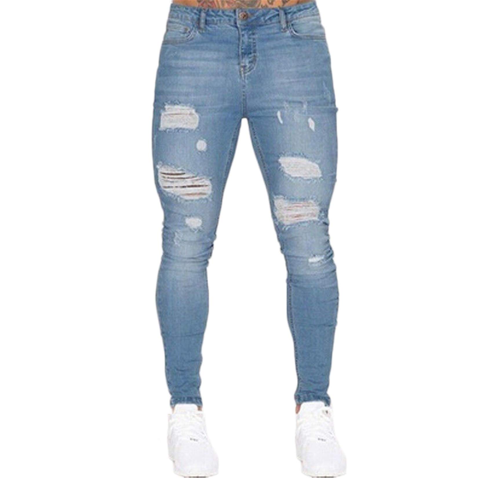 Andongnywell Mens Ripped Stretchy Slim Tapered Leg Jeans Stretch Skinny Destroyed Denim Pants Trousers