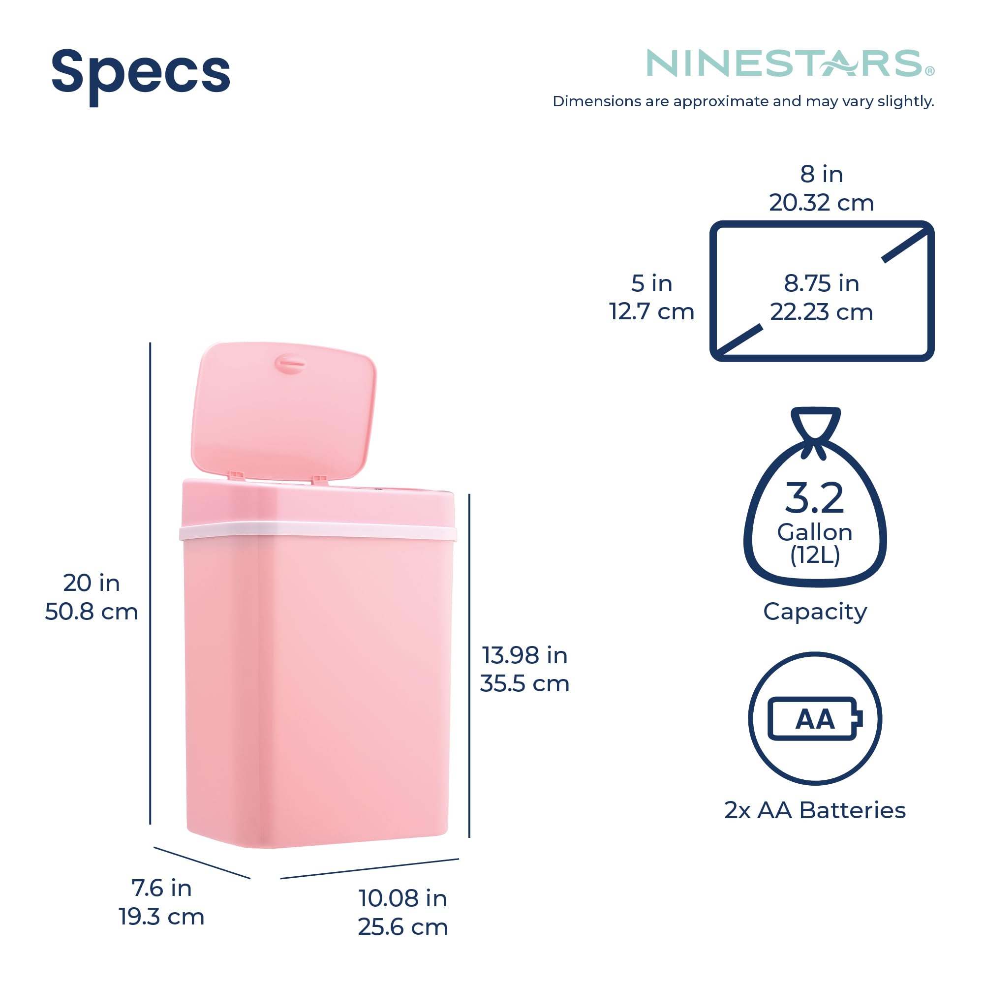 Ninestars DZT-12-5PK kosz na śmieci do sypialni lub łazienki, automatyczny bezdotykowy czujnik ruchu na podczerwień, 3 gal., 12 l, tworzywo ABS (prostokątny, różowy) kosz na śmieci