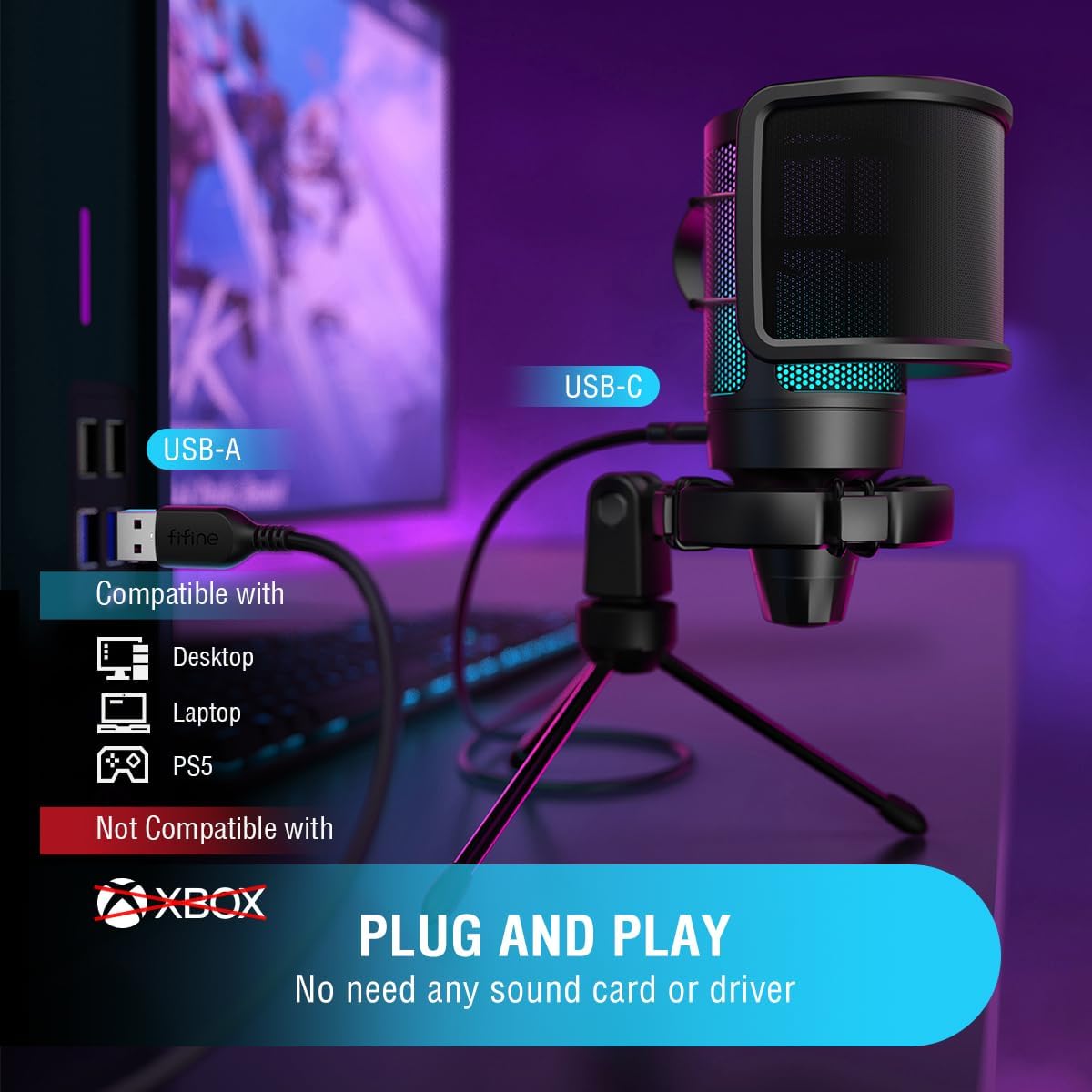 FIFINE Gaming USB Condenser Microphone with Pop Filter Bundle, Quick Mute, RGB Indicator, Tripod Stand, Shock Mount, Gain Control for Streaming YouTube Videos (A6V+U1)