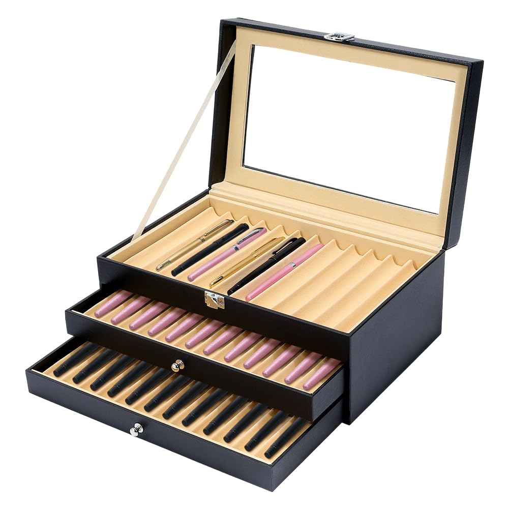PH PandaHall 3 Tier Leather Pen Display Case, 36-slot Fountain Pen Storage Box Wood Pens Organizer with Glass Window for Office Home Desk Pens Collection Father's Day Gift, 12x7.76x4.92, Black