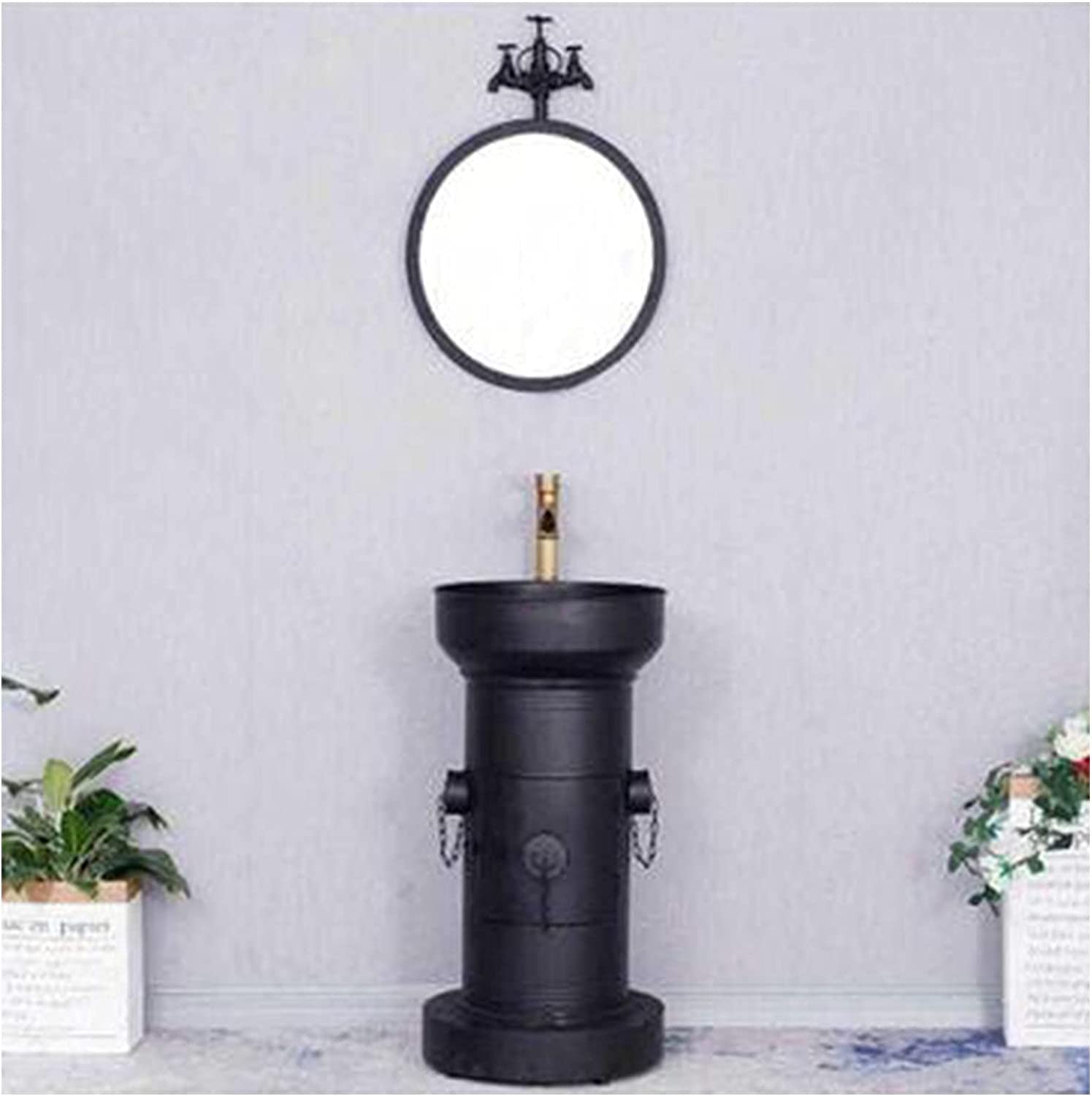 OLSKFUH Freestanding Pedestal Sink Floor Standing Art Sink Modern Bathroom Single Vanity Unit, Free Standing Vanity Unit With Basin Storage Furniture With Faucet And Drain 16.9 X,Black-With mirror