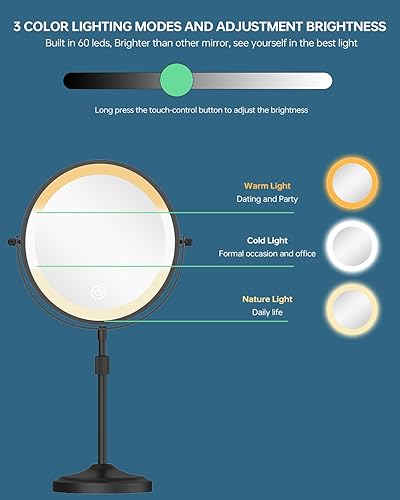 Miniatura 5 de Espejo de maquillaje iluminado de 9 pulgadas con 1 aumento de 10x, espejo de tocador de aumento LED recargable de 5000 mAh con luces, 3 colores de