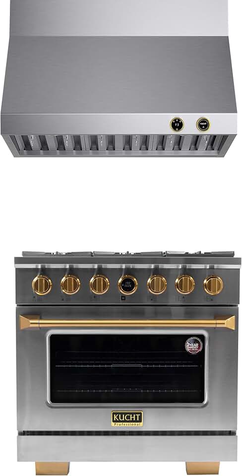 Kucht 36 in. 5.2 cu. ft. 6-Burners Dual Fuel Range for Propane Gas in Stainless Steel and Gold Plus Wall Mount Range Hood KXP36LPKRH36CGL