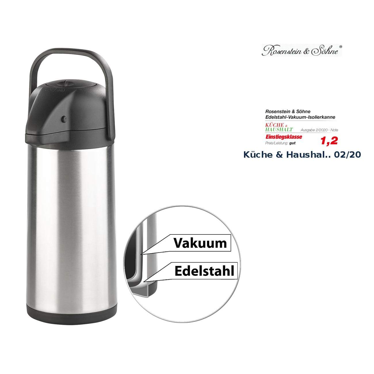 Rosenstein & Söhne Jarras para bebidas calientes - Latas de bomba: Jarra de vacío de doble pared con sistema de bombeo, Acero inoxidable, 3 litros (Jarra de bomba, Dispensador de café, Termo)