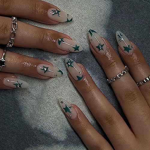 IMSOHOT Medium Press on Nails Almond Shape Nude Fake Nails Green Star Acrylic False Nails Rhinestone Full Cover Stiletto Artificial Nails for Women Girls 24pcs