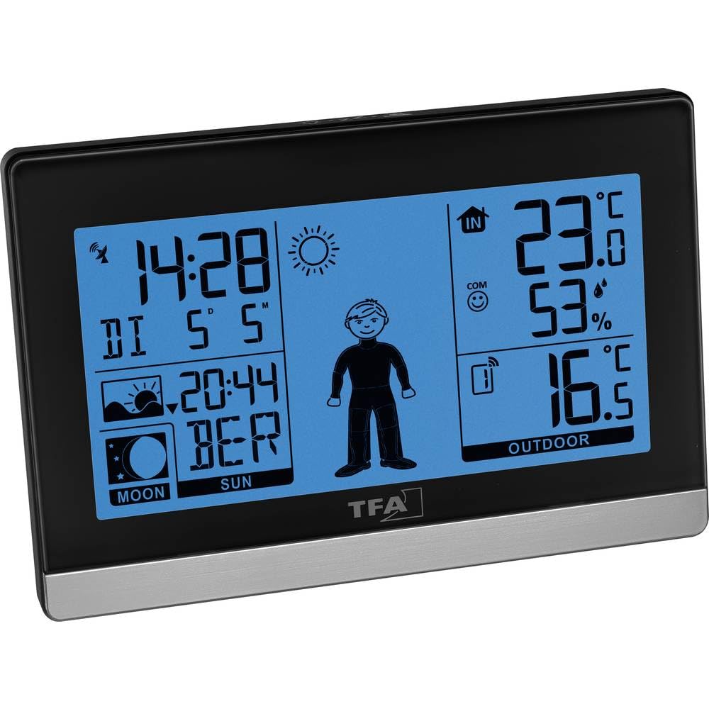 TFA Dostmann Station météo sans fil a pile Weather Boy, 35.1159.01, température extérieure/intérieure, prévisions météo, phase de lune/levers et couchers de soleil, noir