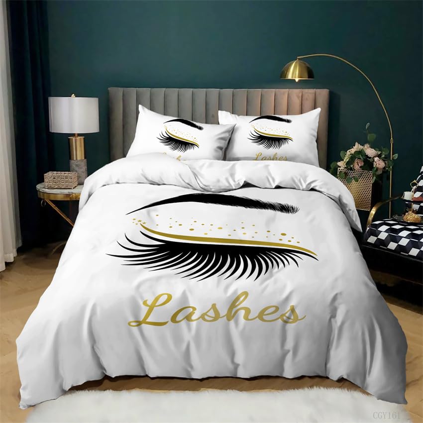 Housse de couette 240 x 260 cm avec taies imprimé longs cils en microfibre douceur pour lit adulte