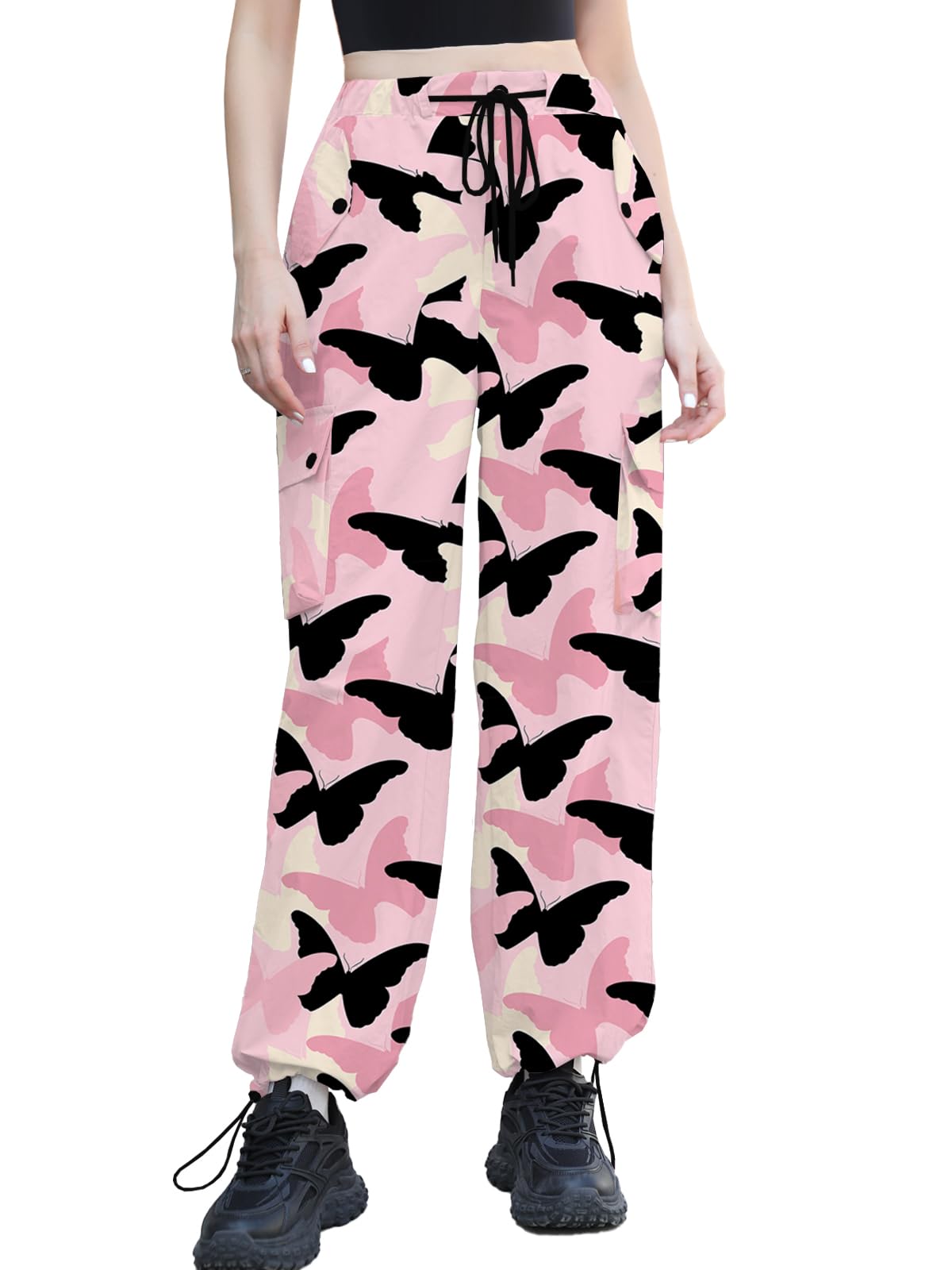Cromoncent Cargo Pants Girls &amp; Women Parachute Pants Y2K Baggy Rave Clothes Waterproof with Pockets