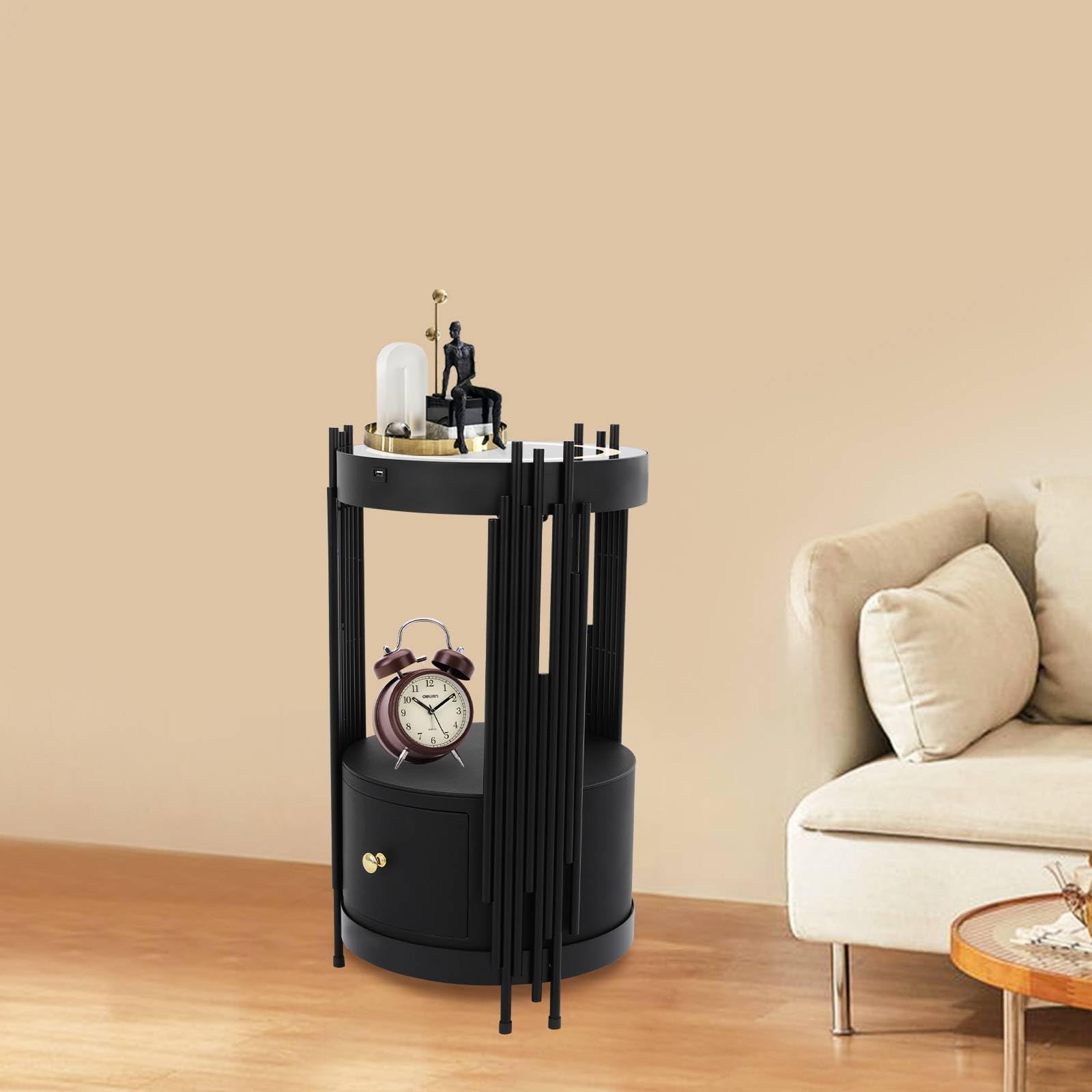 Mkyiongou Dimmable Sense of Technology Led Nightstand Drawers,Sofa Round End Table with USB & AC Port Wireless Charging Station,Bedside Table/Side