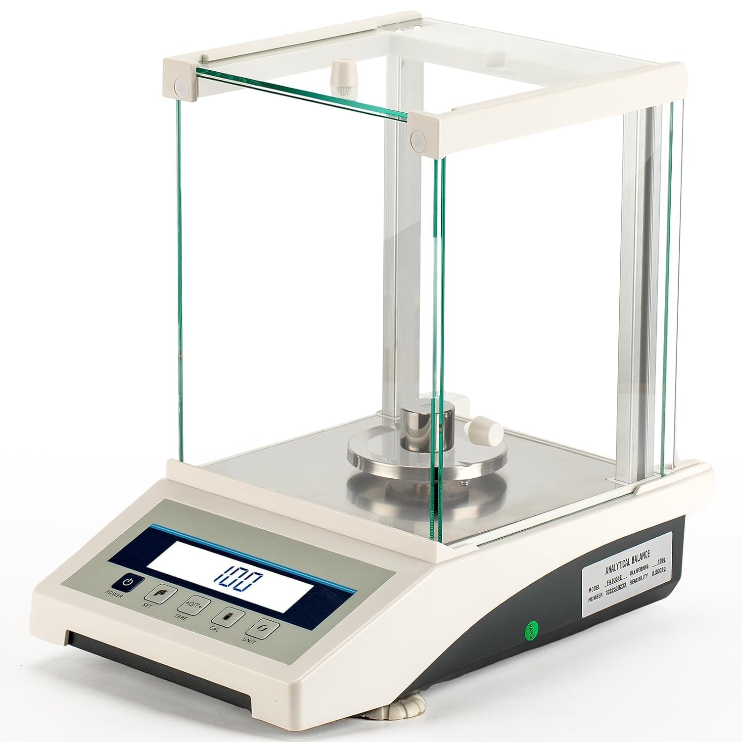 Bilancia analitica di precisione con accuratezza di 0,1 mg/0,0001 g e capacità di 110 g, dotata di funzione di pesatura a velocità regolabile, conteggio, conversione unità e interfaccia RS232. Proge