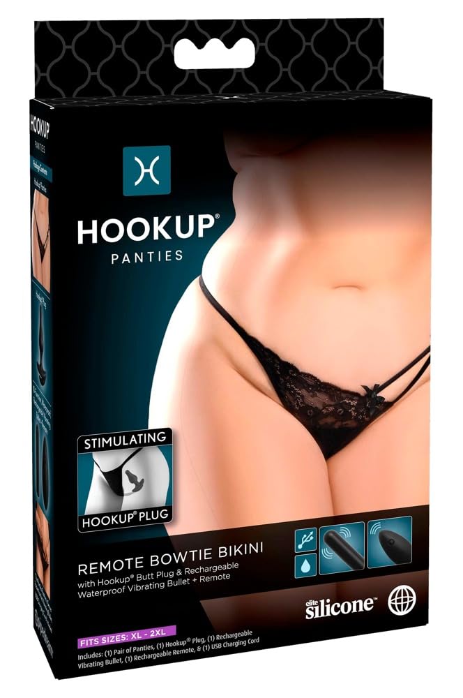 Hookup Panties - Anal Plug with Remote-Control Vibrating Bullet - Bowtie  Bikini - Black - XL - XXL at Amazon Women's Clothing store