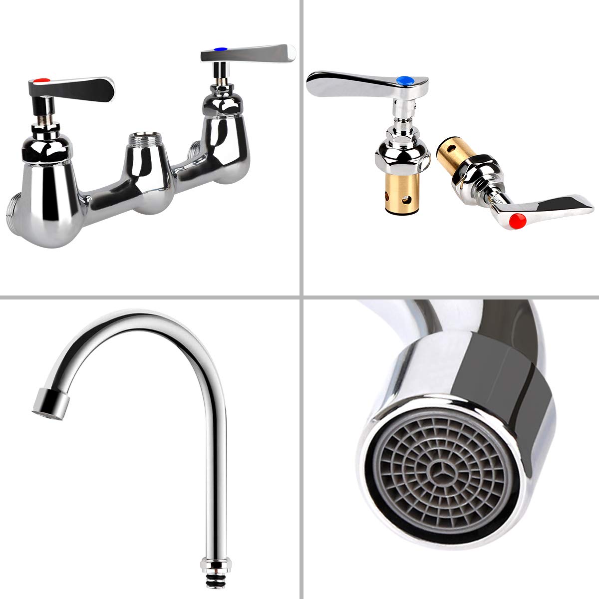Coolwest - Grifo de pared comercial de 8 pulgadas, centro con caño giratorio de cuello de cisne de 8 pulgadas, 2 manijas de latón resistente para fregadero de cocina, acabado cromado