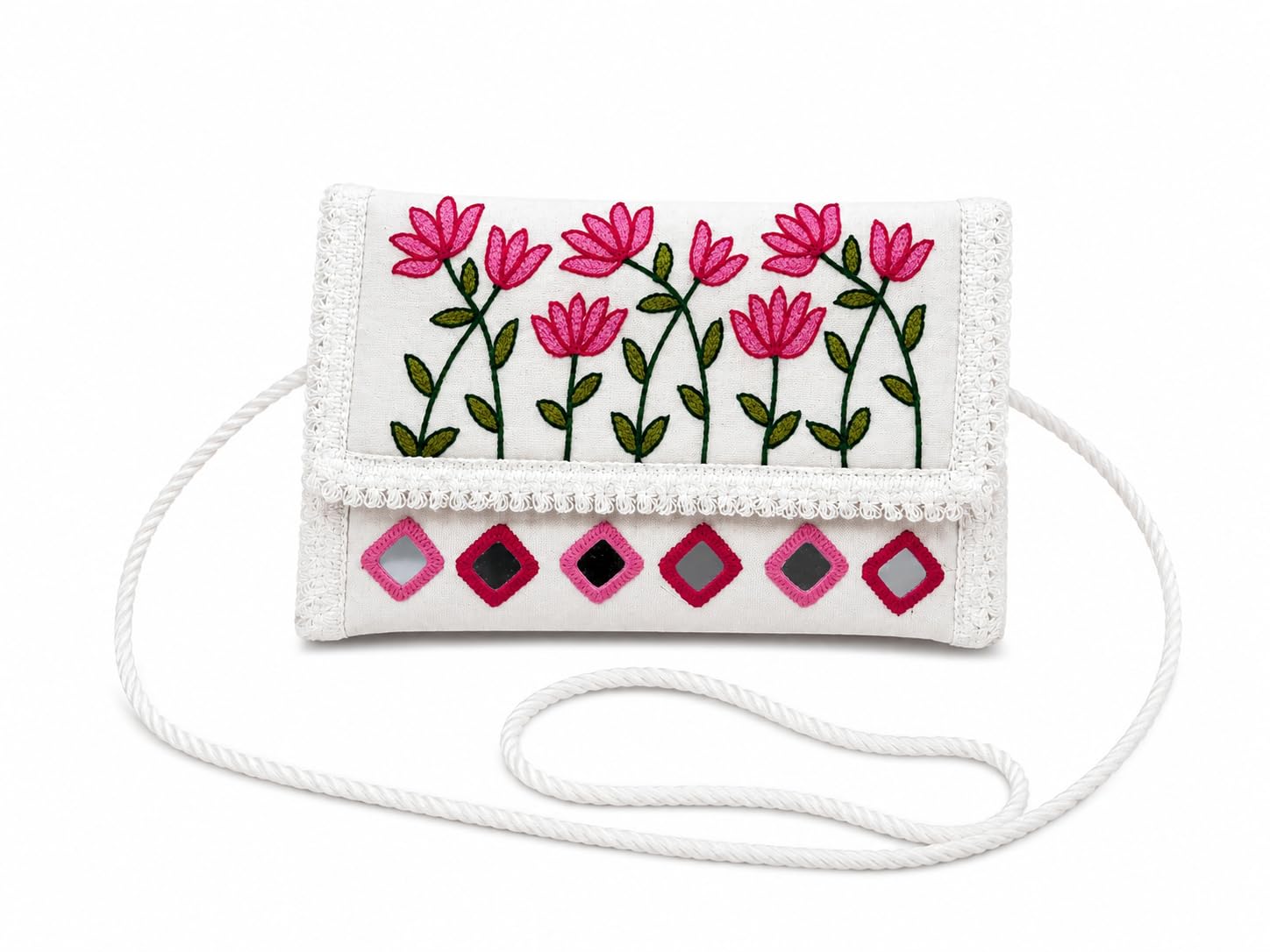 Handmade Hand Embroidered Clutch Purse, White with Pink Flowers, Crossbody Rope Strap, Boho Style-image-42