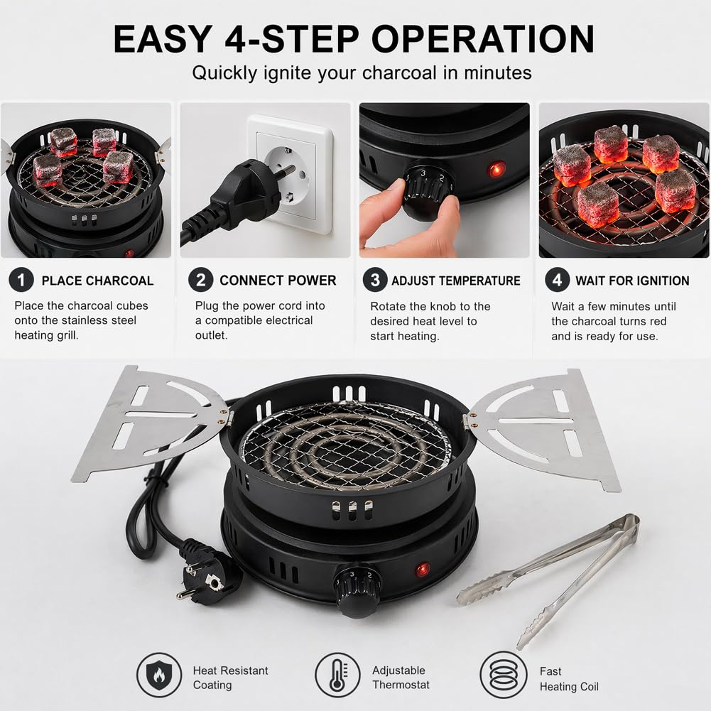 RANJIMA Allume-charbon électrique pour chicha, grille-pain avec pince, 1000 W, allume-charbon électrique pour charbon, câble extérieur, accessoire de barbecue à charbon électrique, allume-charbon de