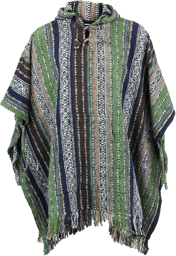 HandmadeNepalese Poncho Unisex - 100% Cotton Baja Hoodie | One Size Fits All | Hippie Sweater with Drawstring Closure Mexican Style Poncho (Green)
