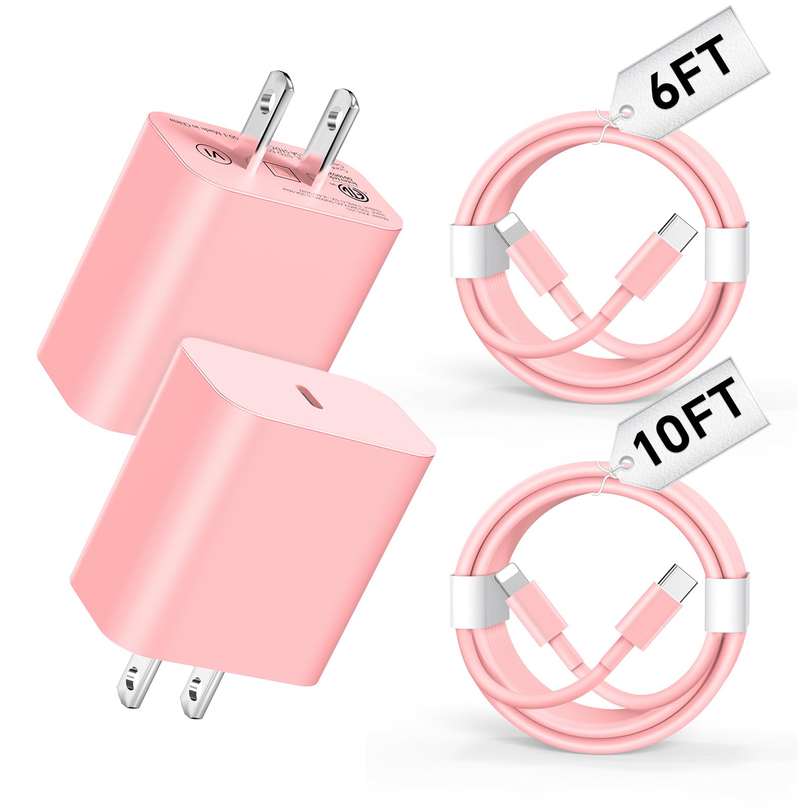 Riofxqin USB C Charger Compatible with i Phone Charger 2Pack 20W Type C Wall Phone Charger with 6/10FT Fast Charging Cable Compatible with i Phone 14/13/12/11 Pro/Pad/Pro Max/Plus/XS/XR/X/SE/8 Pink